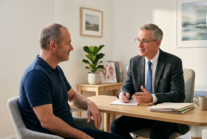 two men sitting at a table talking to each other