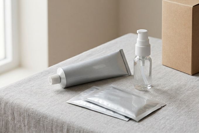 a bottle of lotion sitting on top of a table next to a package of