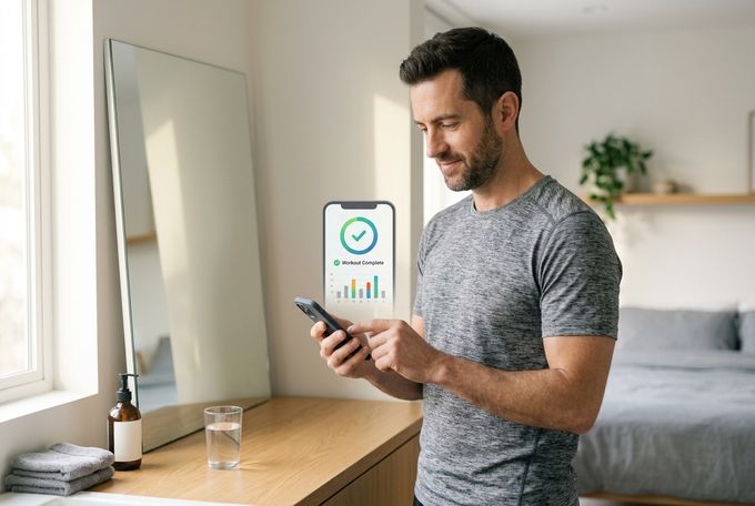 a man looking at his cell phone while standing in front of a mirror
