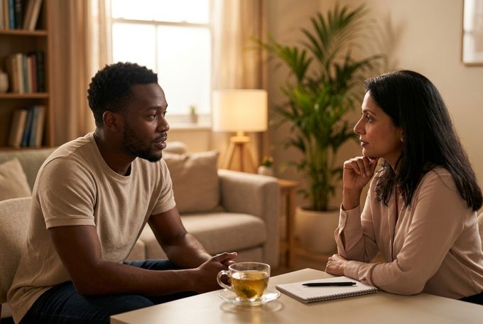 a man and a woman sitting at a table talking