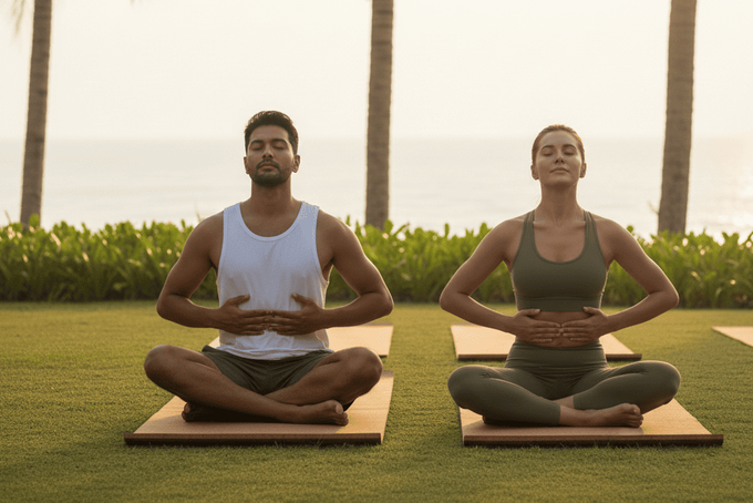A man and woman trying better breathing while doing Kegels.