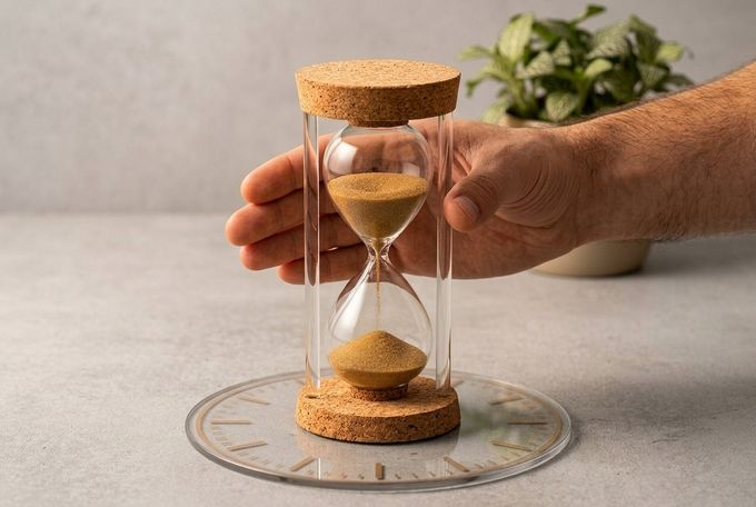 a person is holding a sandglass in their hand