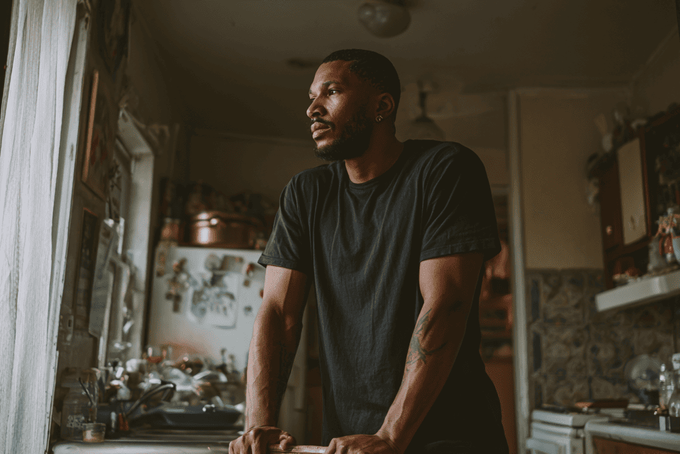 A man standing in his kitchen worried about leakage when he sneezes.