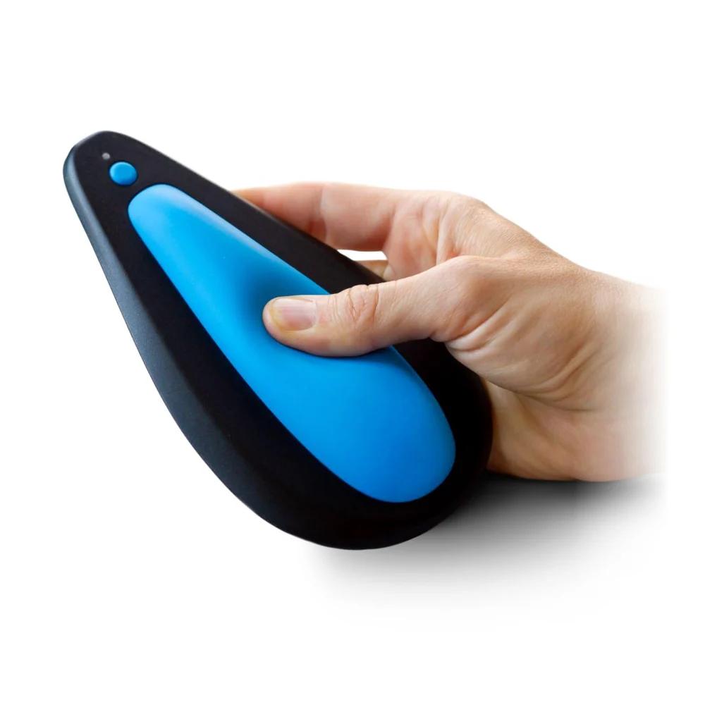 a hand holding a blue and black object