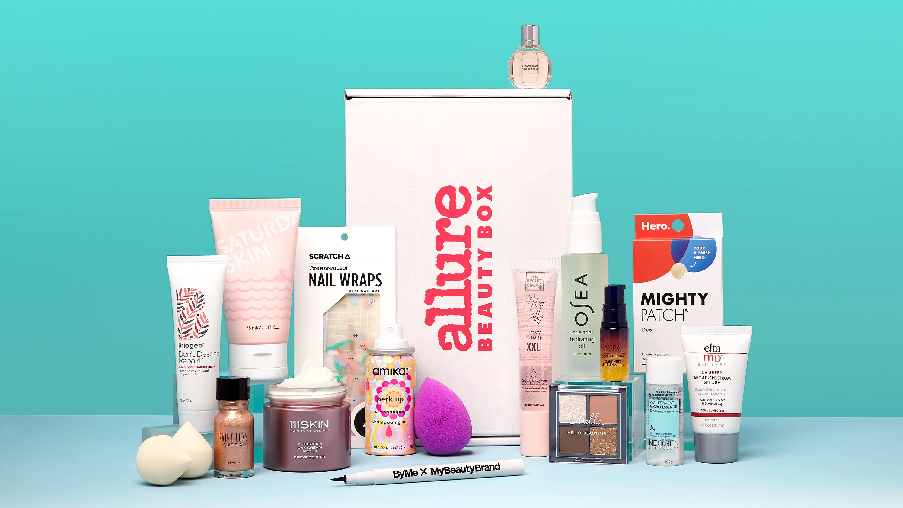 Contents of the Allure beauty box sitting on a table.