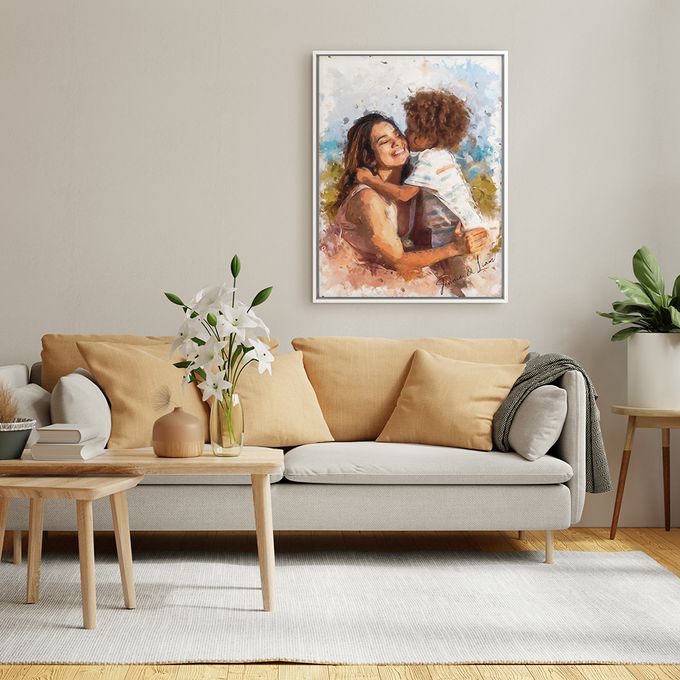 a living room and a oil painting on the wall