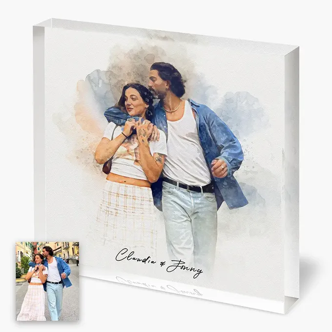 a watercolor painting of a couple holding each other