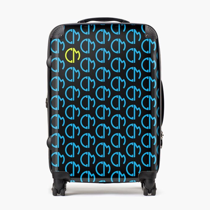 a black suitcase with blue and yellow letters