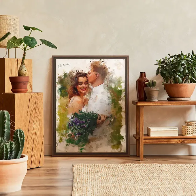 a painting of a man and a woman holding a bouquet of flowers