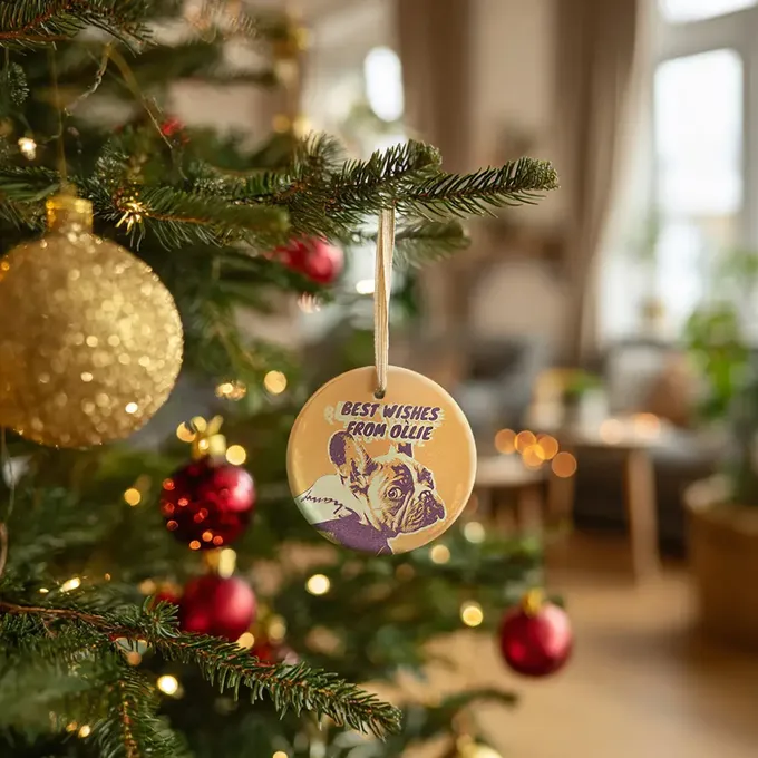 a dog ornament hanging from a christmas tree