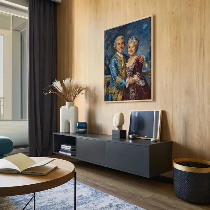 a living room with a painting on the wall