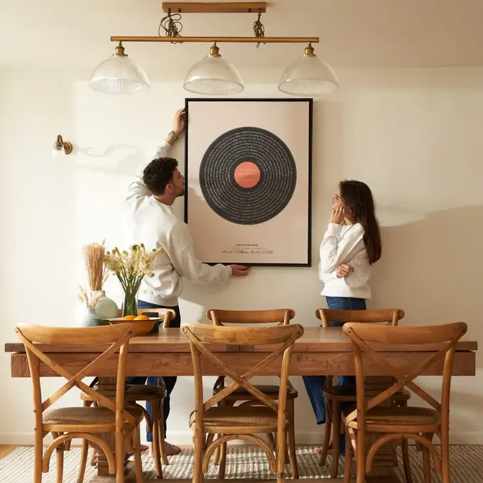 a man and a woman standing in front of a table