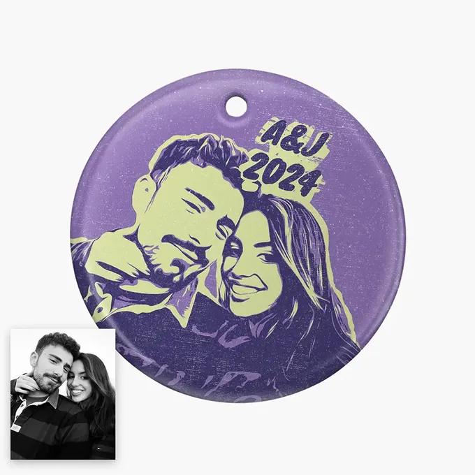 a purple ornament with a picture of a couple