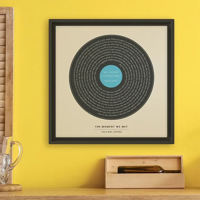 a yellow wall with a picture of a record on it