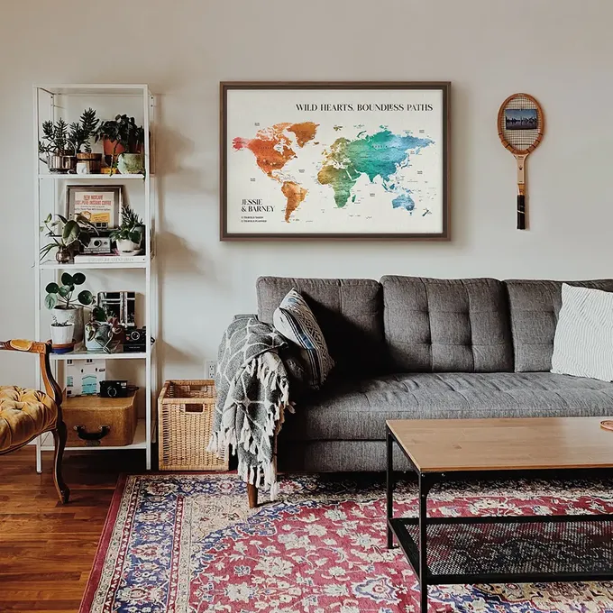 a living room with a couch and a rug