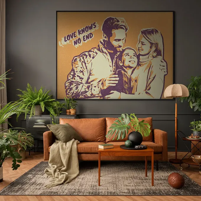 a living room with a couch and a poster on the wall