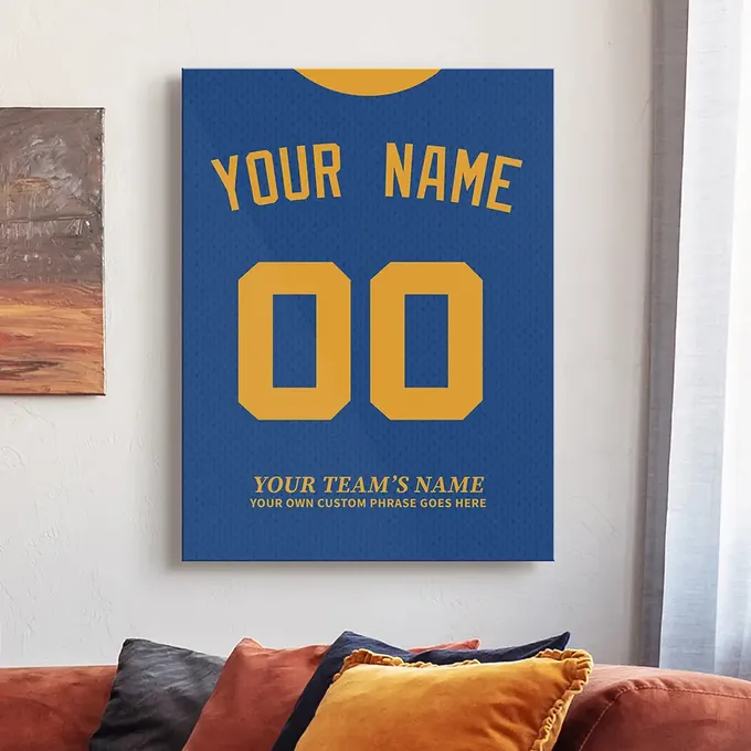 a blue and yellow basketball jersey with the number 00 on it