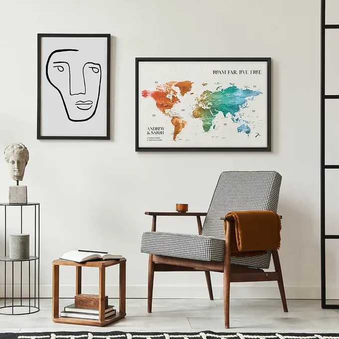 a living room with a chair and a table