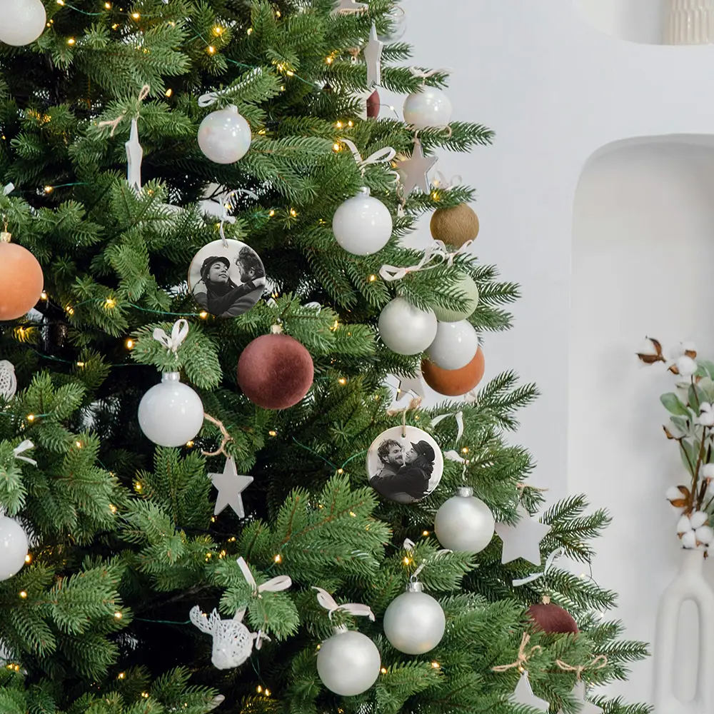 a christmas tree with ornaments hanging from it