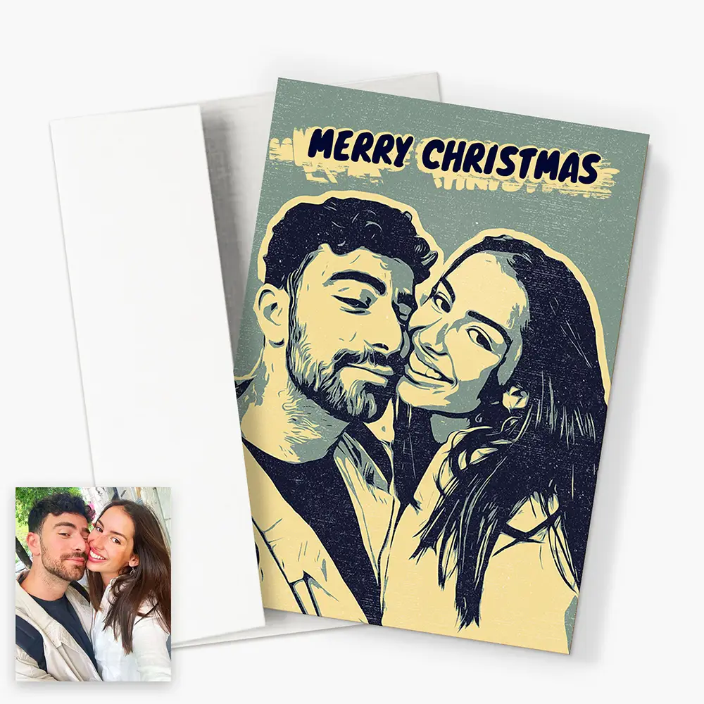 a christmas card with a picture of a couple kissing