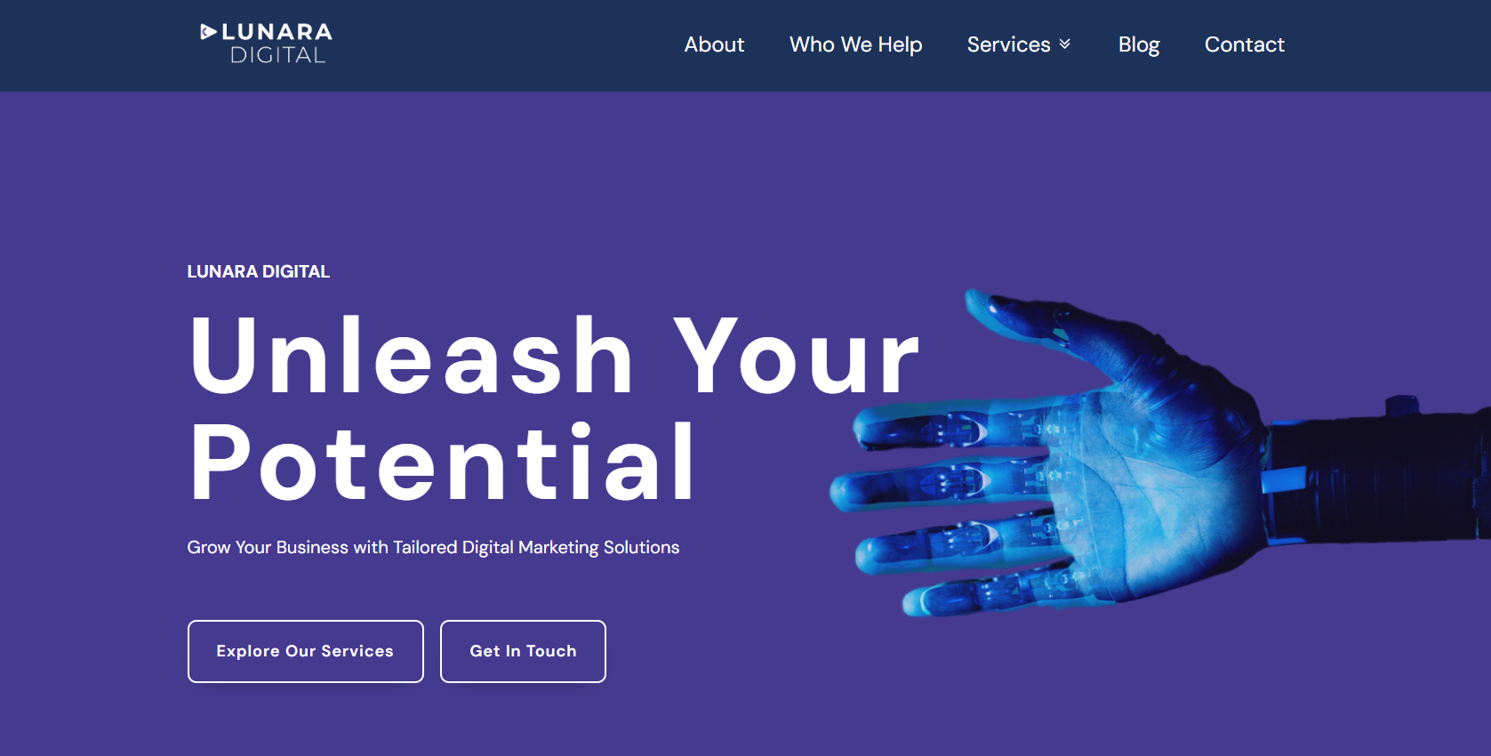 a purple web page with a hand holding a robotic hand