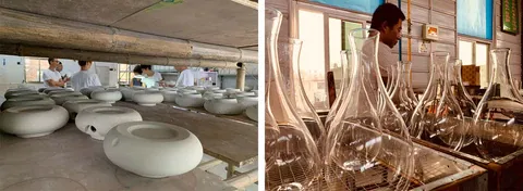 Men and women in a factory making water jars