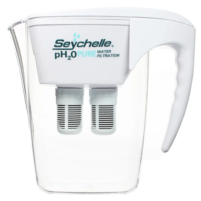 Seychelle pH20 water pitcher with two water filters attached to it