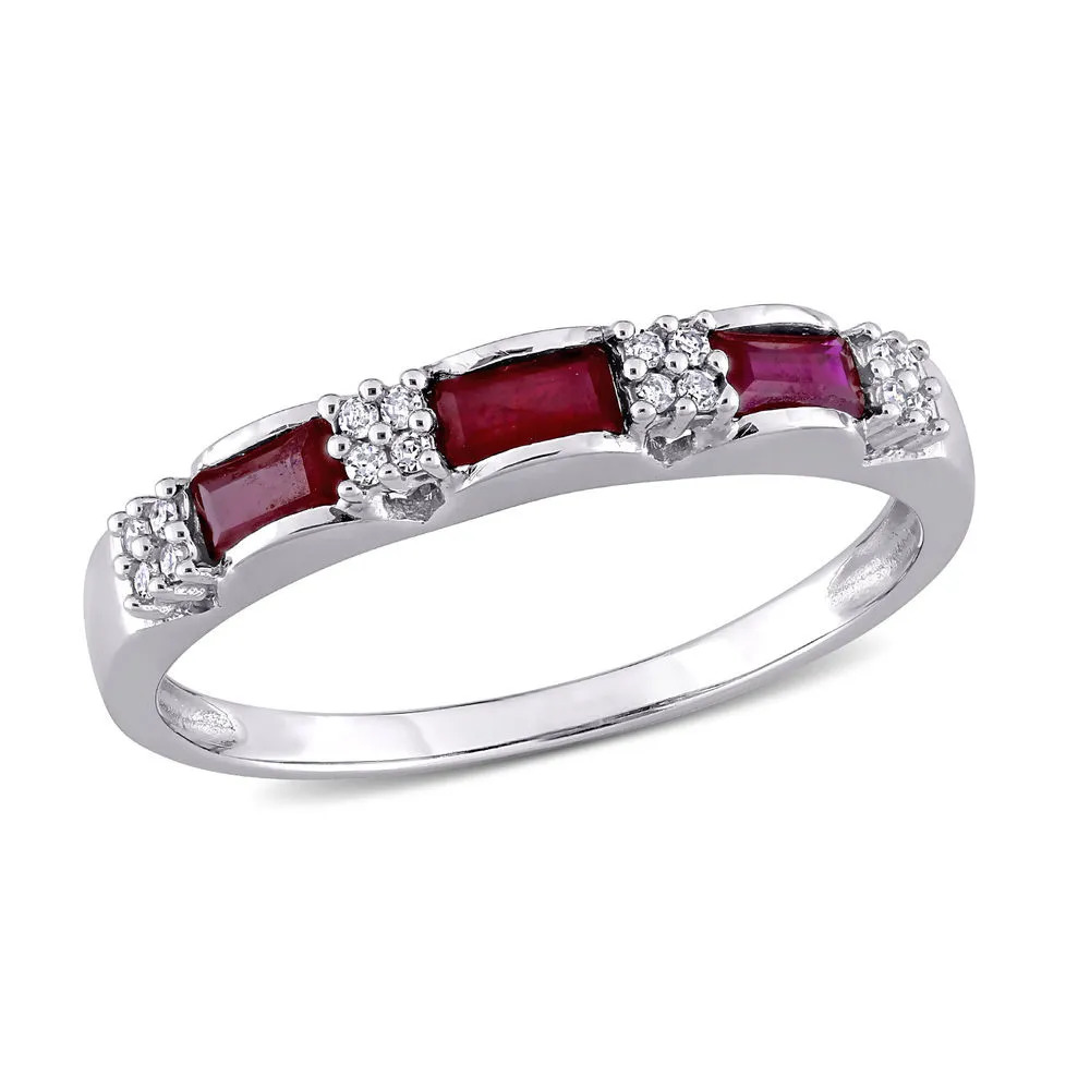 Stock image of a 10k White Gold Eternity Ring with Baguette-Cut Ruby Diamonds