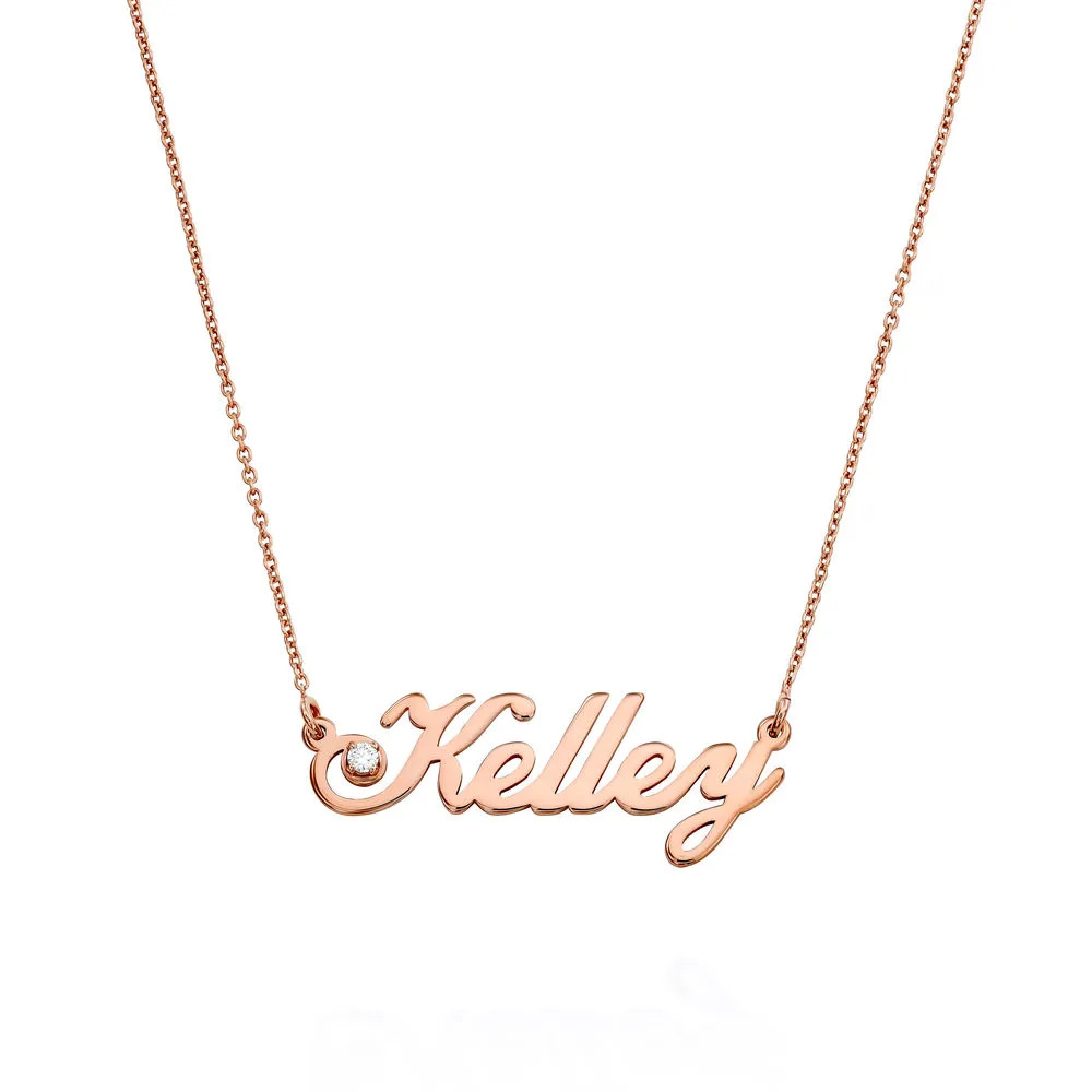 Stock Image of a rose gold plated necklace with a name pendant