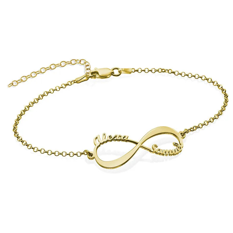 A gold plated infinity bracelet with name inscriptions