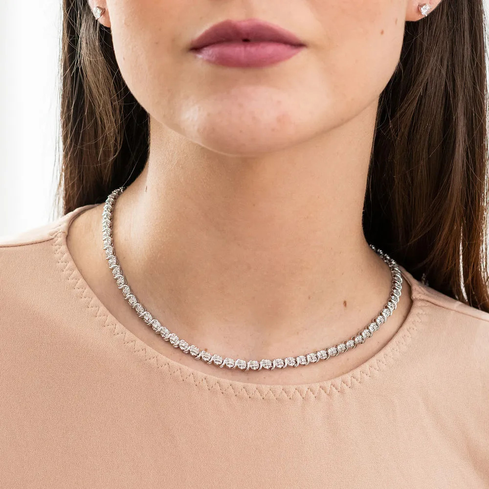 Woman wearing the Diamond tennis necklace in sterling silver 