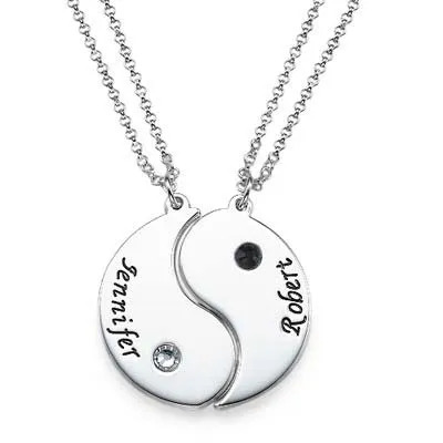 Two closed sterling silver matching couples necklaces with engraving and birthstones 