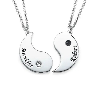 Two open sterling silver matching couples necklaces with engraving and birthstones 