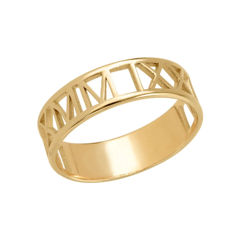 Stock Image of a gold plated ring with Roman Numeral inscription 