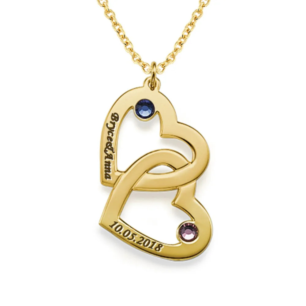 A gold plated necklace with interlocking heart pendants with birthstones