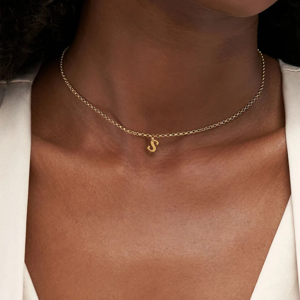 Model wearing the Name Letter Necklace with a Single letter