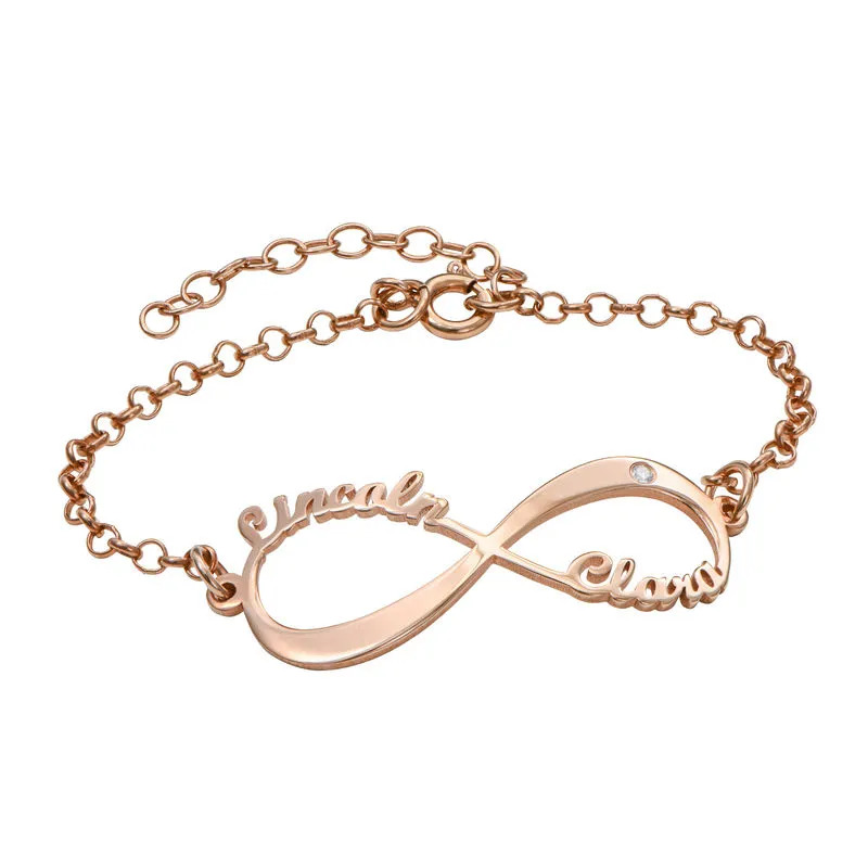 Stock Image of an infinity Rose gold plated bracelet with diamond