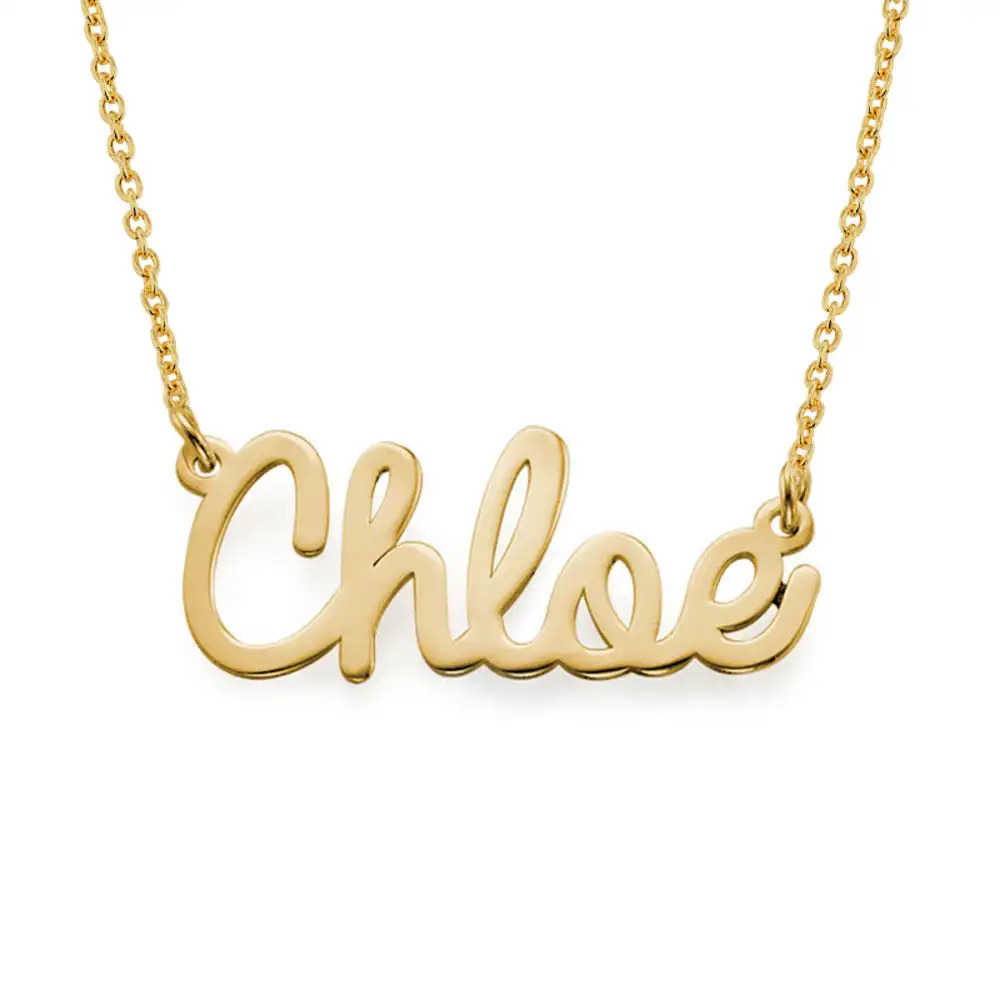 Stock image of a gold cursive name necklace that reads "Chloe"