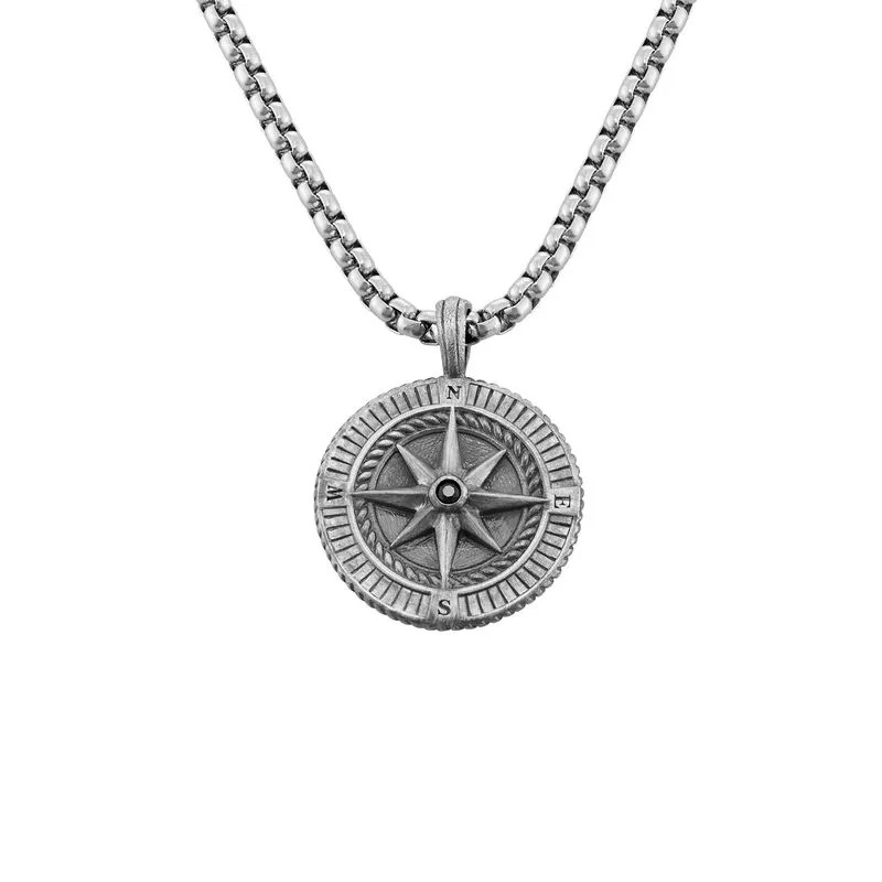 Stock image of Engraved Compass Pendant Necklace for Men in Sterling Silver – MYKA