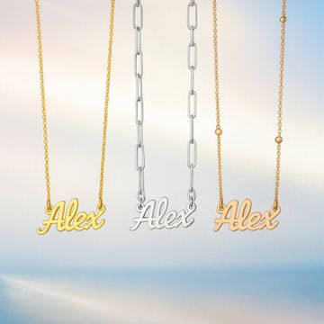 three different styles of necklaces with the word alex on them