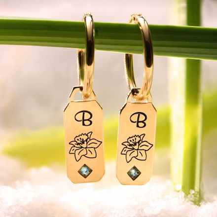Blooming Birth Flower Initial Hoop Earrings with Birthstones 