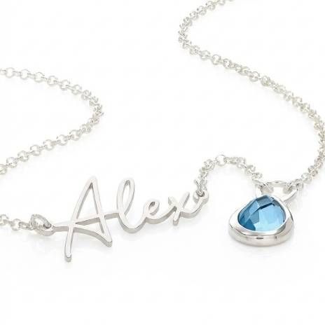 Annie Teardrop Alex Name Necklace with Gemstone in Sterling Silver