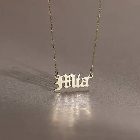 Mia Double Thickness Old English Style Gothic Name Necklace in 18K Gold Plating Mia Double Thickness Old English Style Gothic Name Necklace in 18K Gold Plating