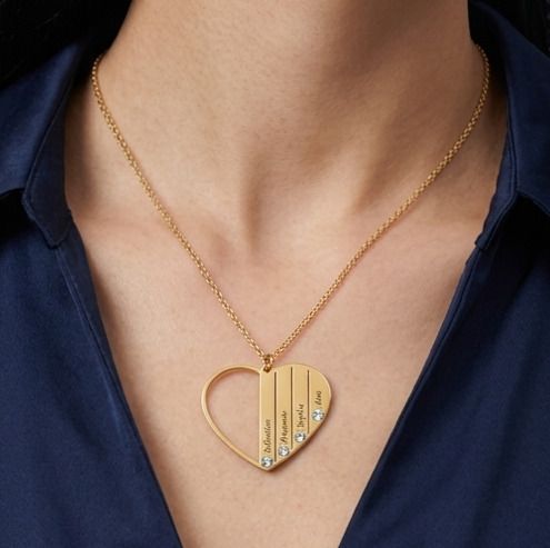 a woman wearing a necklace with a heart shaped pendant