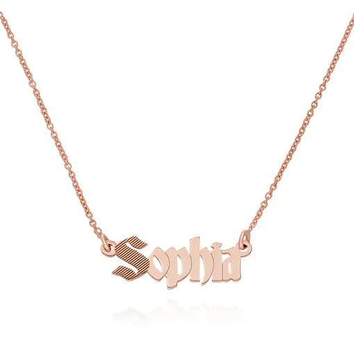a rose gold necklace with the word sophia on it