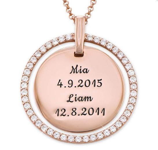 MYKA's Engraved Mother Disc Necklace in rose gold with crystals engraved with 2 names and 2 dates