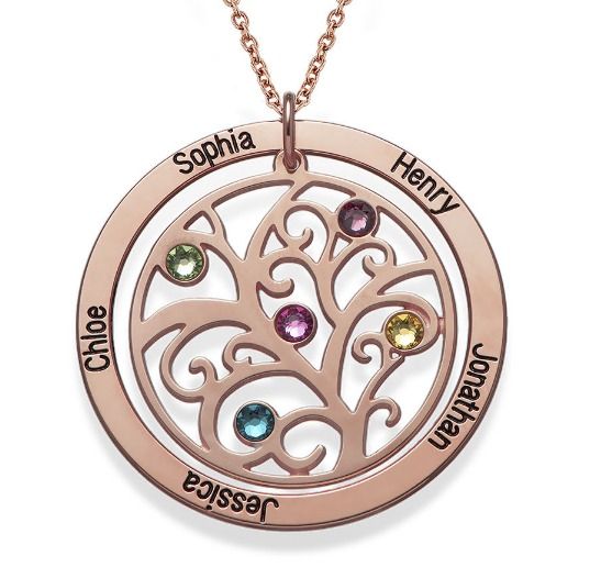 MYKA's Family Tree Birthstone Necklace in rose gold with 5 names and 5 gems