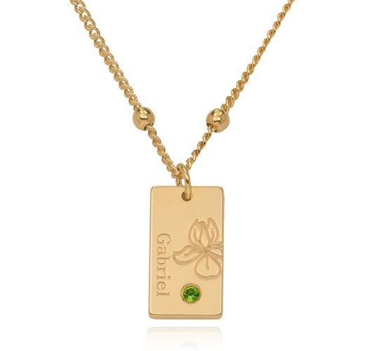 MYKA's Blossom Birth Flower & Stone Necklace in gold  with a green gemstone and name engraving
