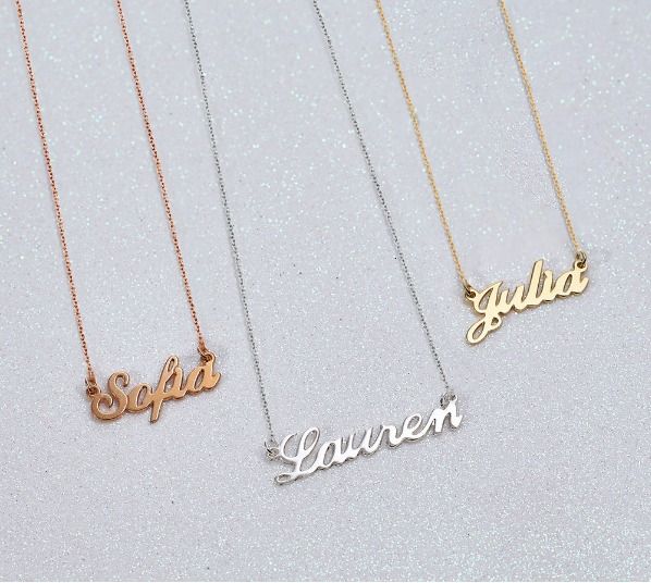Rose gold, silver, and gold name necklaces from MYKA