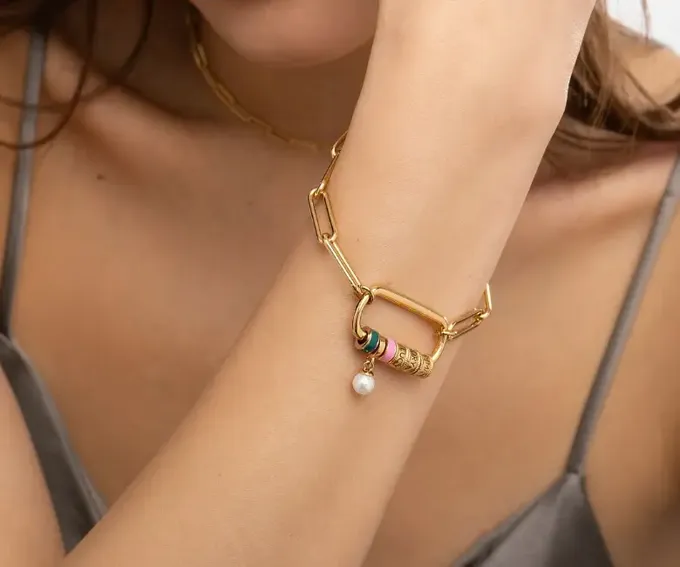 a close up of a woman wearing a bracelet